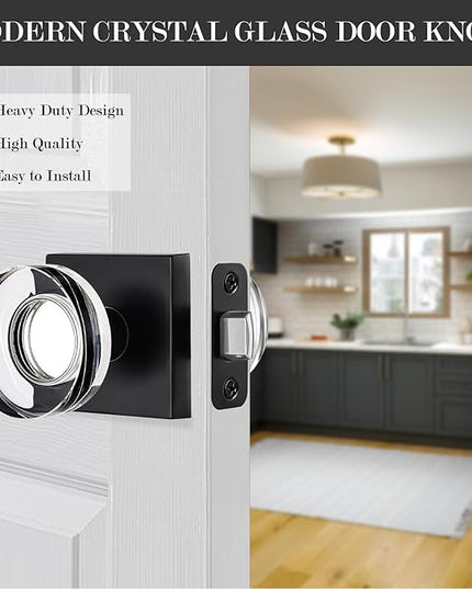 Black Passage Door Knobs Interior, Crystal Glass Door Knobs Interior for Hall and Closet, Matte Black