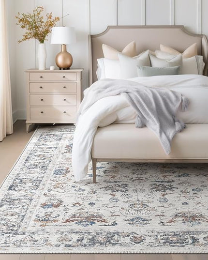 jinchan Area Rug 5x7 Living Room Rug - Washable Vintage Boho Floral Print Floor Cover Lightweight Low Pile Thin Non-Slip Retro Distressed Carpet for Bedroom Dining Room Kitchen Office Grey Multi