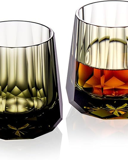 KAMMAK Crystal Whiskey Glasses Set of 2, Handcrafted 6.76oz Old Fashioned Glasses Stemless, Luxury Cocktail Glasses, Hand Blown Scotch Cup for Women, Men Gift for Rocks, Bourbon, Bar Barware