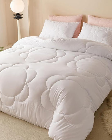 CLOTHKNOW White Queen Comforter Set 3Pcs Daisy Puff Pattern Bedding Comforter Sets Boho Queen Comforter Soft Floral Comforter with 2 x Pillow Cases