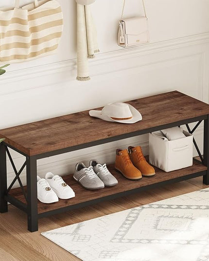 BON AUGURE Entryway Bench with Storage, 2 Tier Wood Metal Shoe Bench, Storage Benches for Bedroom, Entrance, Hallway, Mudroom, Indoor (47 inch Wide, Rustic Oak)