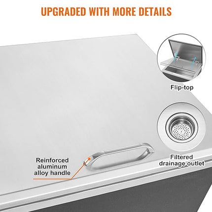 VEVOR Drop in Ice Chest, 20" L x 16" W x 13" H Stainless Steel Ice Cooler, Commercial Ice Bin with Hinged Cover, 40 qt Outdoor Kitchen Ice Bar, Drain-Pipe and Drain Plug Included, for Cold Wine Beer