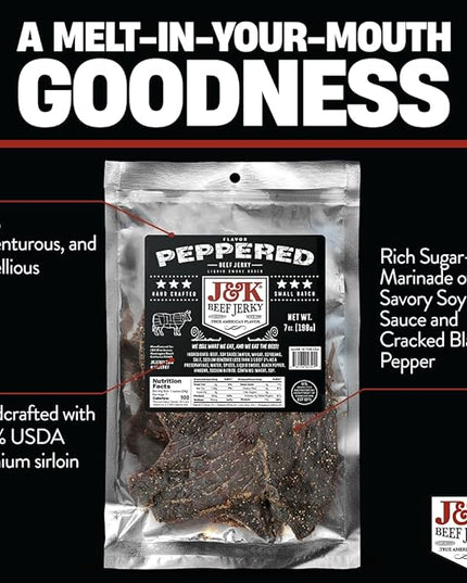 J&K Jerky Small Batch Handcrafted Beef Jerky (7oz, Peppered)