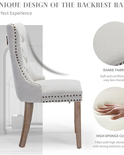 SoarFlash Linen Fabric Dining Chair Set of 8, Upholstered Tufted Dining Room Chair with Nailhead Trim and Solid Light Color Wood Leg for Kitchen(Beige)