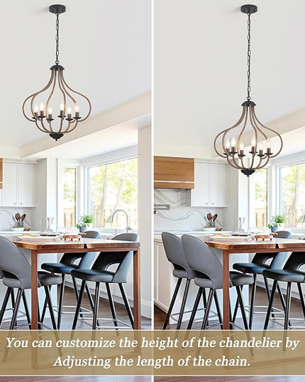 18‘’ Wood Farmhouse Chandelier, 6-Light Vintage Rustic Oak Brown Pendant Lights for Kitchen Island Lighting for Hallway Entryway Foyer Living Room Bedroom