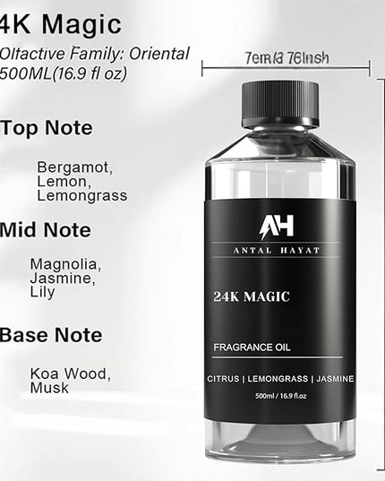 24K Magic Scent Diffuser Oil 500mL - Inspired by Luxury Hotel W Hotels - Notes of Zesty Citrus, Floral Jasmine, & Delicate Lily - Aromatherapy Home Fragrance - 24K Diffuser Oil - AH Diffuser Oils