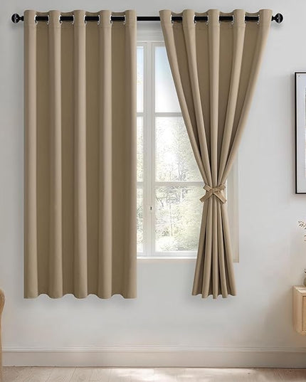 JIUZHEN Blackout Curtains with Tiebacks - Thermal Insulated, Light Blocking and Noise Reducing Grommet Curtains for Bedroom and Living Room, Set of 2 Window Curtain Panels, 60 x 63 Inch Length，Camel