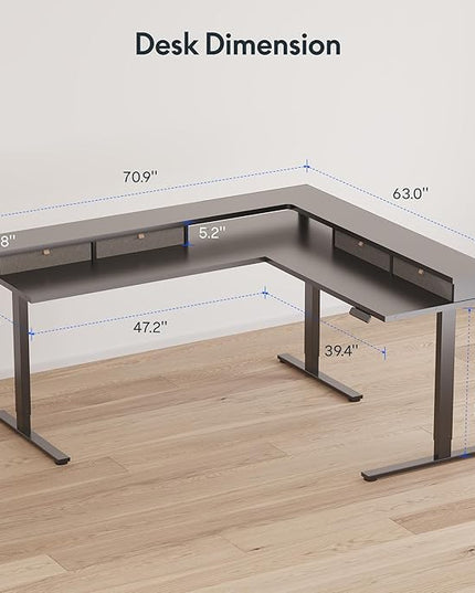 FLEXISPOT 71" Large L Shaped Standing Desk Electric Corner Table with Shelf, 4 Storage Drawers, Adjustable Computer Workstation for Home, Office, Game, Studio, Black Top + Black Frame