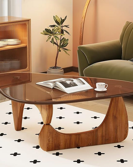 Coffee Table for Living Room Mid Century Modern Center Table with Glass Top and Wood, Brown/Walnut
