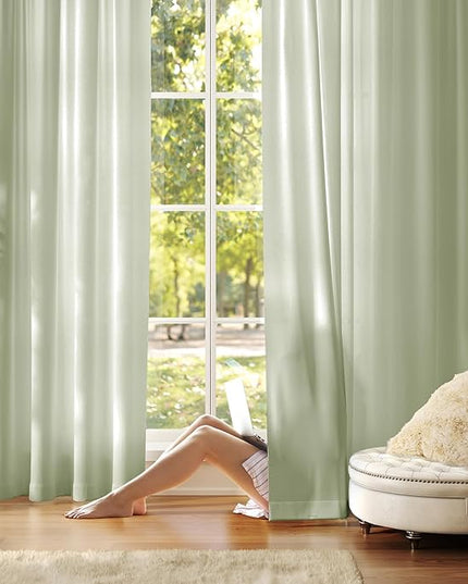 Anmao Non-See-Through Sage Green Privacy Semi Sheer Curtains for Living Room 90 Inch Length 2 Panels Set, Light Filtering That Let Light in Rod Pocket Window Drapes for Bedroom, 52W x 90L, Sage