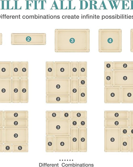 25 PCS Drawer Organizer Set, 5 Varied Size Bathroom and kitchen Drawer cabinet organizer Trays, Clear Storage Bins for Makeup, Jewelry, Utensils and Gadgets, Champagne