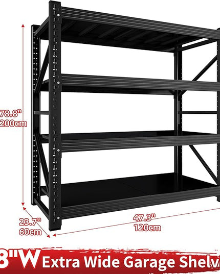 4000LBS Garage Shelving 48" W Garage Shelving Heavy Duty 4-Tier Metal Storage Shelves Adjustable Shelf Unit Storage Rack for Basement Supermarket Warehouse 48" W x 24" D x 78" H Black