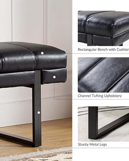 HULALA HOME 53" Faux Leather Entryway Bench, Button Tufted End of Bed Bench Ottoman for Bedroom, Living Room with Metal Base,Black