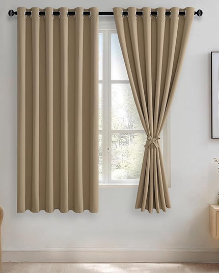 JIUZHEN Blackout Curtains with Tiebacks - Thermal Insulated, Light Blocking and Noise Reducing Grommet Curtains for Bedroom and Living Room, Set of 2 Window Curtain Panels, 70 x 63 Inch Length，Camel