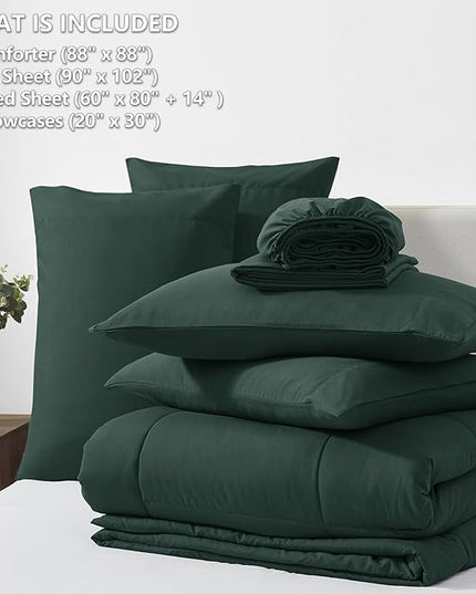 CozyLux Queen Comforter Set Forest Green, 7 Pieces Bed in a Bag, Green Comforter Queen Size, All Season Bedding Sets with Stitch Quilted Comforter, Flat Sheet, Fitted Sheet, Pillowcases