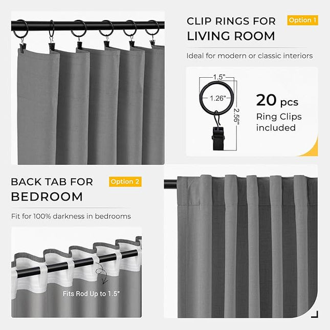 INOVADAY 100% Blackout Curtains for Bedroom, Black Out Curtains 84 Inch Long, Clip Rings Linen Blackout Drapes, Thermal Insulated Room Darkening for Living Room, 2 Panels - Stoic Gray,W50xL84
