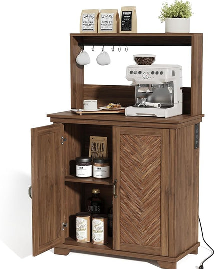 Farmhouse Coffee Bar Cabinet with Storage,31.5" Kitchen Cabinet with Hooks and Charging Station,Coffee Station with Adjustable Shelf and Hutch,Sideboard for Living Dining Room