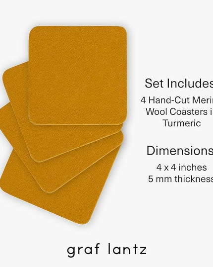 Graf Lantz - Bierfilzl Merino Wool Square Coasters Set of 4 - Turmeric (4"x4"x5mm) - Absorbs 30% of Weight, Natural German Wool - Heat Resistant, Sustainable, Reusable - Home Decor, Coffee Table Decor
