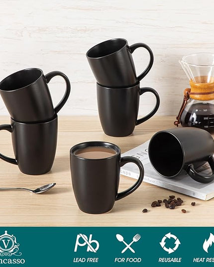 vancasso PLAYA Ceramic Coffee Mug Set of 6, 16 Oz Tea Cups with Handle for Latte, Tea, Cappuccino, Milk, Cocoa, Microwave&Dishwasher Safe, Black
