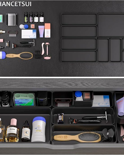 9 Pcs Stackable Drawer Organizer Trays Set, Multifunctional Stackable Storage Trays for Vanity, Bathroom, Kitchen, Desk Drawer Organizer Office. Plastic Drawer Organizers Available In 5 Colours, Black