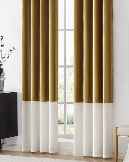 BULBUL Color Block Window Curtains Panels 96 inches Long Gold Ivory Velvet Farmhouse Drapes for Bedroom Living Room Darkening Treatment with Grommet Set of 2