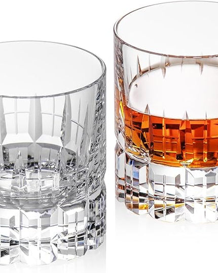 KAMMAK Crystal Whiskey Glasses Set of 2, Luxury 7.78oz Old Fashioned Glasses Stemless, Hand Blown Cocktail Glasses, Handcrafted Engraved Scotch Cup for Women, Men Gift for Bourbon Barware