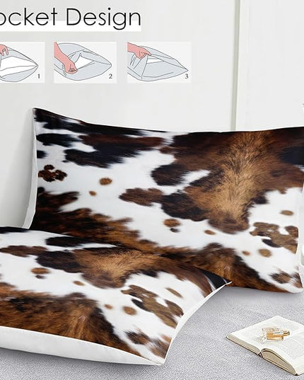Bedbay Cow Print Comforter Set Queen Size Animal Skin Bedding 8 Pcs Queen Bed in a Bag Western Cowhide Rustic Bedding Brown Milk Cow Print Bed Set for All Seasons(Brown,Queen)