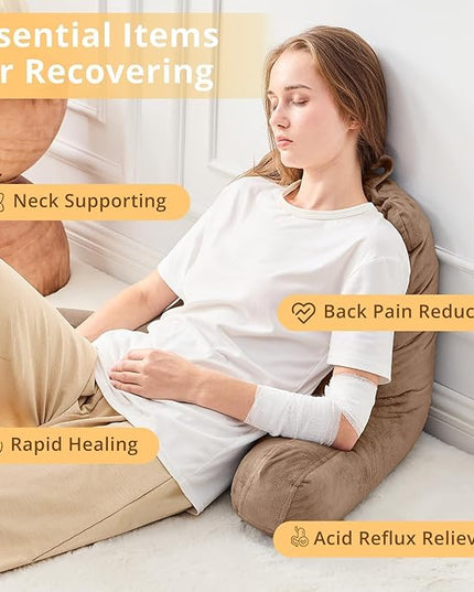 Sasttie Reading Pillow, Velvet Back Pillow for Bed Sitting Up, Adult Back-Rest Support Cushion with Arms for Sit Up on Couch, Sofa, and Floor, Dorm Essentials, Reading Accessories, Light Brown