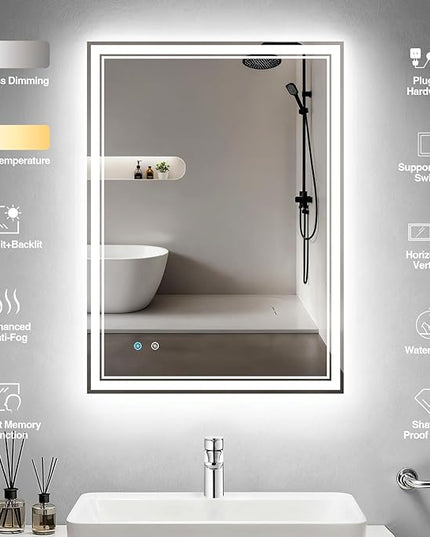 24"x 32" LED Bathroom Mirror with Anti-Fog, Dimmable Backlit + Front Lit, 3-Color LED Bathroom Vanity Mirror for Wall, Memory Function, Shatter-Proof Glass, ETL Listed(NHYJ6822D)