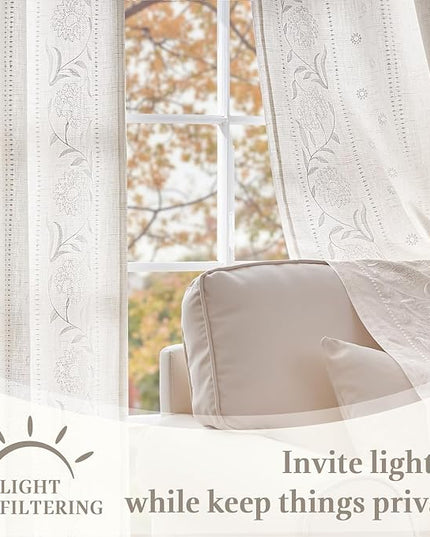 jinchan Winslow Lined Linen Curtains for Bedroom 63 Inches Linen Blended Embroidered Bordered Floral Curtains for Living Room Farmhouse Decor Window Treatments White on White Drapes 2 Panels