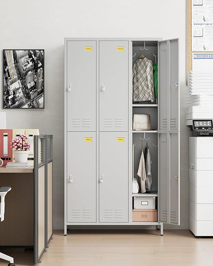 Aobabo Metal Locker for Employees, 6 Doors Metal Locker Cabinet with Lock, Industrial Storage with 18 Hooks, Storage for Office, Gym, Dormitory, Assembly Required, Light Grey