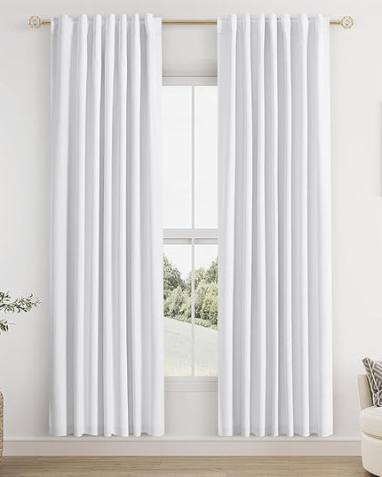 Guken White Linen Blackout Curtains 52 Inch Wide by 88 Inch for Living Room Bedroom Back Tab Thermal Insulated 100% Black Out Linen 2 Drapes Room Darkening Window Curtains White,2 Panels