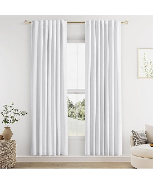 Guken White Linen Blackout Curtains 52 Inch Wide by 82 Inch for Living Room Bedroom Back Tab Thermal Insulated 100% Black Out Linen 2 Drapes Room Darkening Window Curtains Pure White