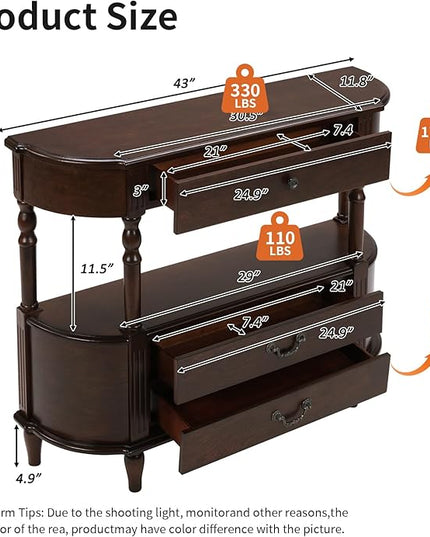 HMFULE Solid Wood Retro Curved Console Table, 43" Half Moon Console Table Sofa Table Entryway Table with 3 Drawers Open Shelf Pine Roman Legs Curved Corners for Living Room,Entryway,Hallway,Espresso