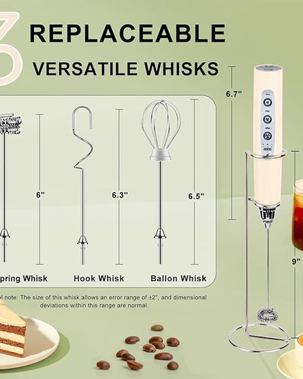 YUSWKO Beige Handheld Milk Frother Wand with Stand for Coffee, Rechargeable Electric Whisk with 3 Heads 3 Speeds Drink Mixer Coffee Frother For Latte, Cappuccino, Hot Chocolate, Egg