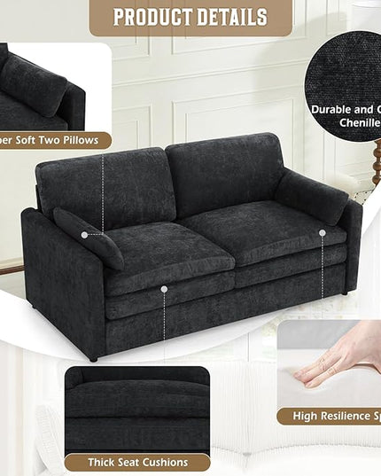 69" Chenille 2 Seats Sofa with 2 Pillows, Modern Upholstered Sofa with Deeper Seats, Comfy Sofa with Thickened Cushions for Living Room, Apartment, Black