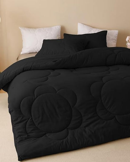 Luxlovery Black Sunflower Comforter Set King All Black Bedding Comforter Set Big Flower Printed Quilted Comforter Solid Plain Color Soft Breathable Comforter King Size Women Men