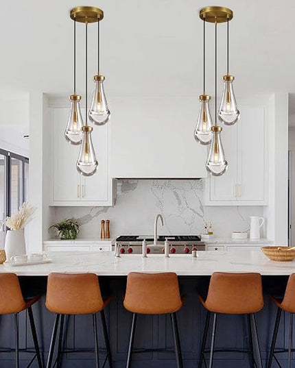 Brass 3 Light Pendant Lighting for Kitchen Island, Raindrop Cluster Pendant Light Fixture, Adjustable Hanging Rope Glass Chandelier Dining Room Light Fixture Ceiling Lamp for Foyer Hallway