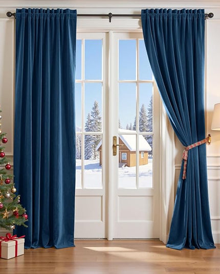 Lazzzy Velvet Blackout Curtains Thermal Insulated Room Window Drapes Super Soft Luxury Curtains for Living Room Bedroom Rod Pocket 2 Panels, Dark Blue, 52" W x 96" L