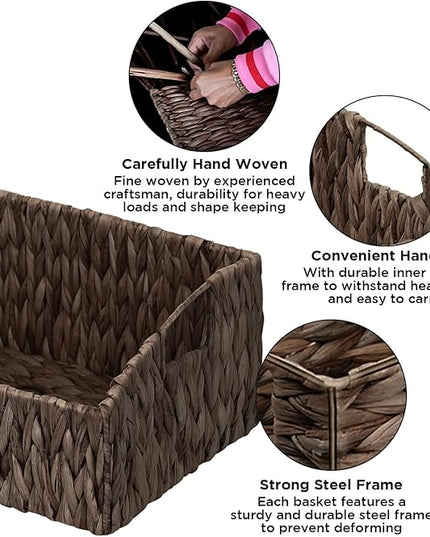 Ollieroo Natural Water Hyacinth Storage Baskets, Handwoven Wicker Storage Bins with Built-in Handles, Storage Container Baskets for Shelves, Bedroom, Bathroom, Laundry Room or Kitchen(Black)