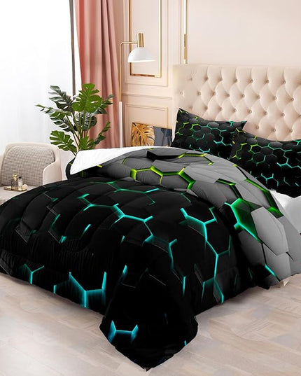 Geometric Green Black Neon Comforter Set,Light Honeycomb 3 Piece Bedding Set Twin for Teen Boys,Modern Bedding Quilt Set Geometry Decor,Microfiber Lightweight 1 Comforter 2 Pillowcases All Season