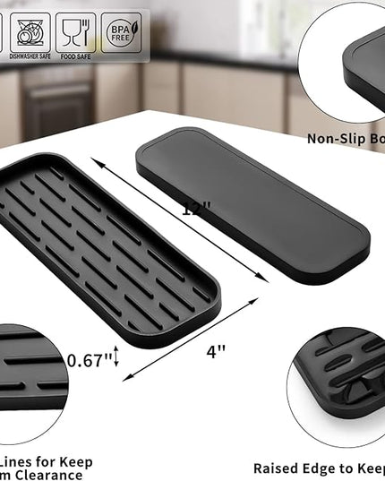 Silicone Kitchen Sink Organizer Tray for Multiple Usage,Eco-Friendly Sponges Holder for Kitchen Bathroom Counter or Sink,Dish Soap Dispenser,Scrubber,Bottle,Cup (Black, 12"×4")