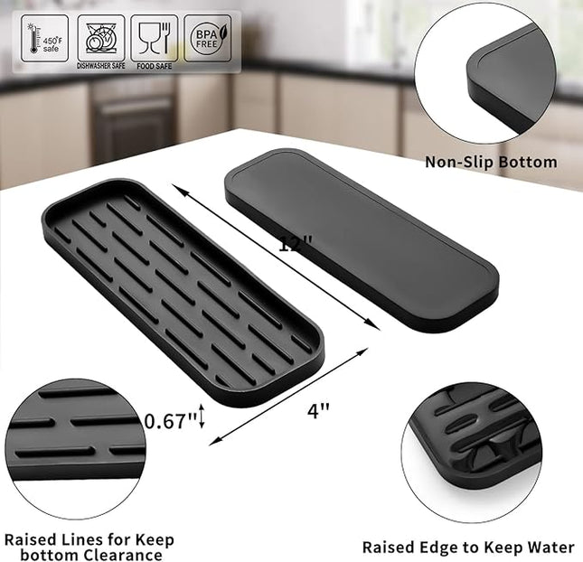 Silicone Kitchen Sink Organizer Tray for Multiple Usage,Eco-Friendly Sponges Holder for Kitchen Bathroom Counter or Sink,Dish Soap Dispenser,Scrubber,Bottle,Cup (Black, 12"×4")