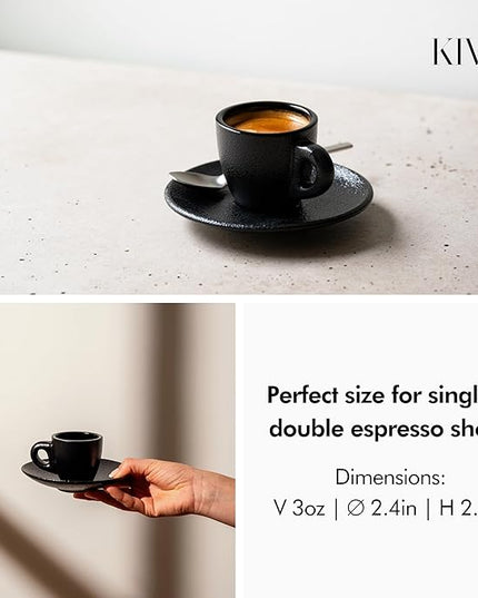 KIVY 3 oz Espresso cups set of 4 - Thick walled stoneware espresso cup set - Italian style cups and saucers - Demitasse cups set of 4 - Espresso mugs black - Coffee shot cups & saucers