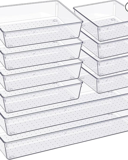 Criusia Drawer Organizer, 10 Pack Large Clear Plast Set, 3 Size Versatile Bathroom and Vanity Organizer Trays, Storage Bins for Makeup, Bedroom, Kitchen Utensils