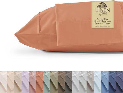 Linen Home 100% Cotton Percale Pillowcases King Size, Tera Clay, 2 Pieces of Pillow Case, Crisp and Cool Strong Bed Linen, 20 inches X 40 inches