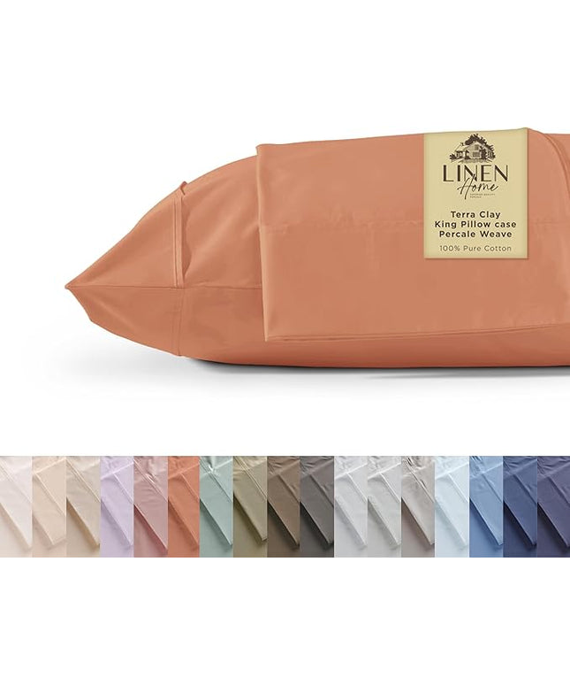 Linen Home 100% Cotton Percale Pillowcases King Size, Tera Clay, 2 Pieces of Pillow Case, Crisp and Cool Strong Bed Linen, 20 inches X 40 inches