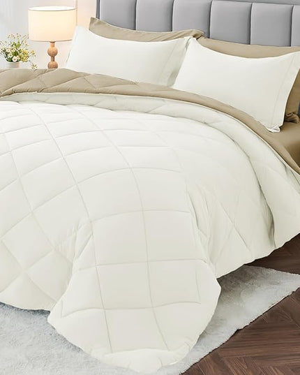 MUXHOMO 7 Pieces King Comforter Set, Reversible Bed in a Bag King Size, All Season Bedding Set with Comforter, Flat Sheet, Fitted Sheet, Pillowcases & Shams, Ivory & Khaki