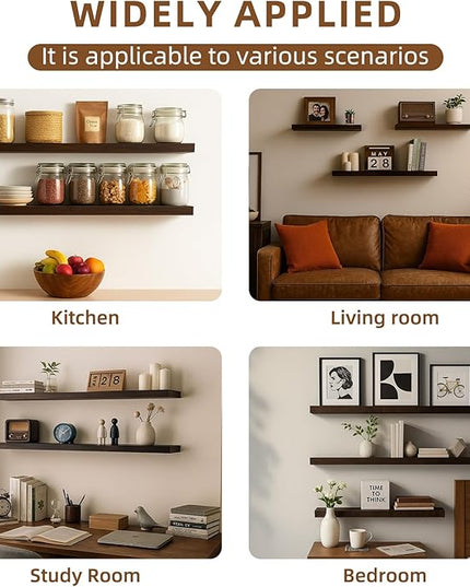 Floating Shelves for Wall, 23.6 inch Long Set of 3 Wood Rustic Wall Mounted Shelves, Display Shelf with Invisible Heavy, Large Deep Shelves for Home Decor & Storage for Living Room, Kitchen