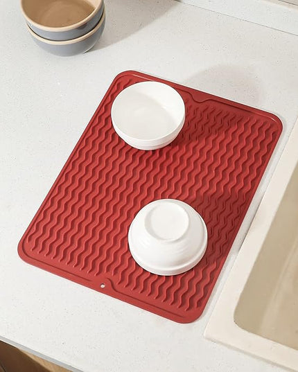Silicone Dish Drying Mat for Multiple Usage,Easy clean,Eco-friendly,Heat-resistant Silicone Mat for Kitchen Counter or Sink,Refrigerator or drawer liner Red L 16 inches x 12 inches